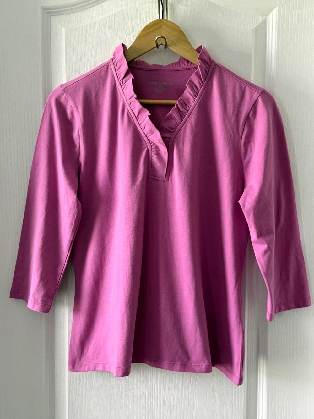 EUC Appleseed's Pink Quarter Sleeve Solid Ruffle V-Neck Tee Size PM